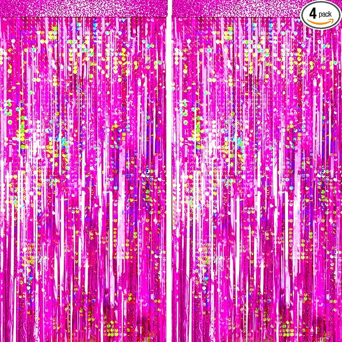 4 Packs Hot Pink Foil Fringe Curtain, Pink Glitter Metallic Tinsel Backdrop for Birthday, Wedding, Baby Shower, Bachelorette Cowgirl Princess Party Decorations Supplies