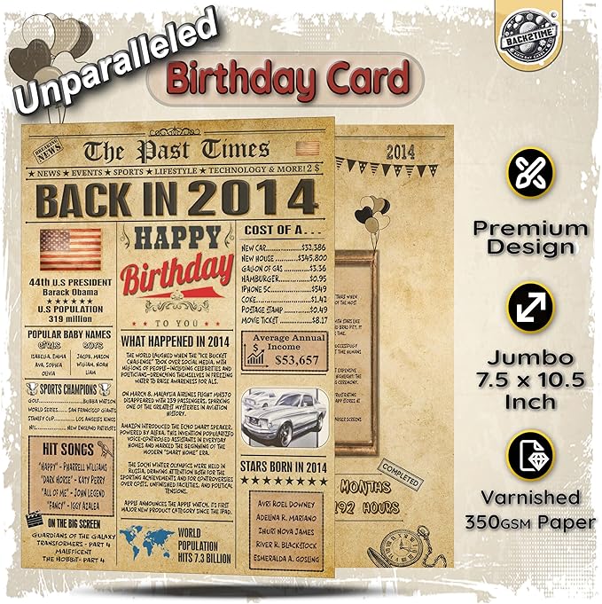 12th Birthday Card - Back In 2014 Newspaper - 12th Happy BIRTHDAY cards for Him Her - Vintage 12 th birthday gifts for women men - JUMBO A4 size - 12 th birthday decorations - gift for 12 year old