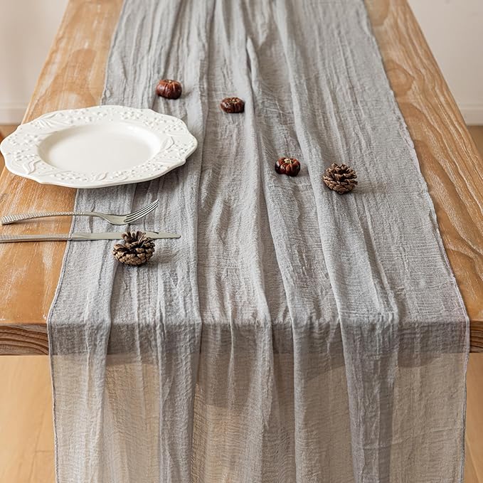 Keketoarrange Grey Spring Easter Gauze Rustic Cheesecloth Table Runner 120 Inch 10 FT for Wedding Baby Shower Bridal Shower Birthday Engagement Garden Outdoor Party Long Sheer Boho Decorations