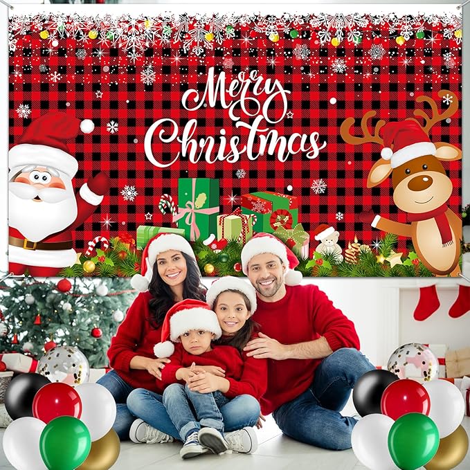 Christmas Party Decorations Set Includes Christmas Santa Claus Snowflakes Backdrop Table Covers Multi Color Balloons Foil Santa Claus and Deer Balloons for Xmas Party Supplies Favors (Plaid Style)