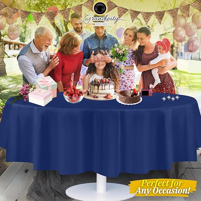 Grandipity 12 Pack Premium Disposable Plastic Tablecloth 84" Inch Decorative Round Table Cover - Navy Blue