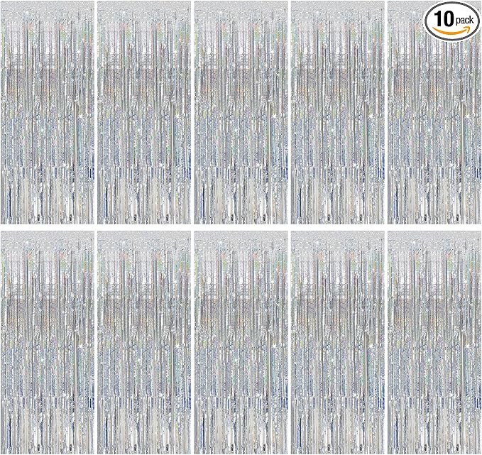 Tinsel Curtain Party Backdrop Silver Birthday Party Decorations 10 Packs Glitter Foil Fringe Curtain Party Decor Streamers Photo Booth for Birthday Christmas Wedding Halloween Graduation Decorations
