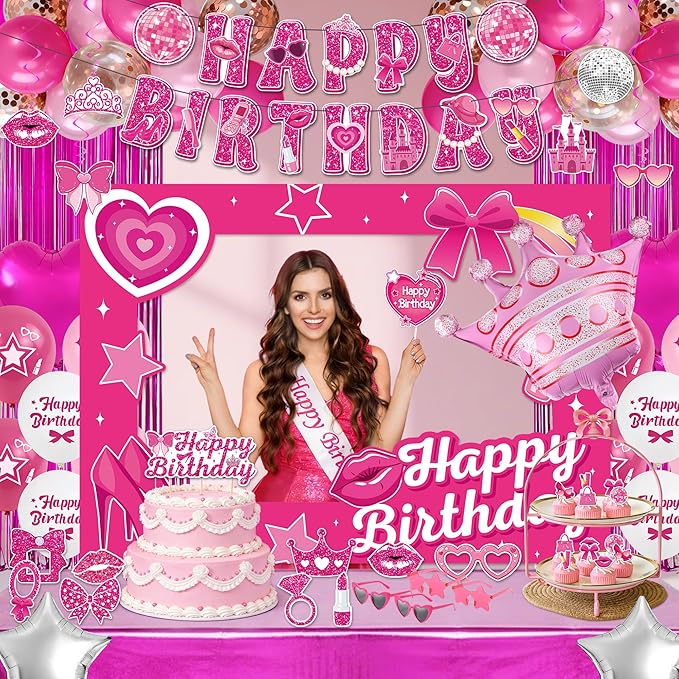 72PCS Pink Birthday Decorations for Girls, Pink Theme Party Supplies with Photo Booth Props & Selfie Frame Set, Banner, Foil Balloons, Tablecloth, Cake Toppers for 13th 16th 18th 21st Celebration.