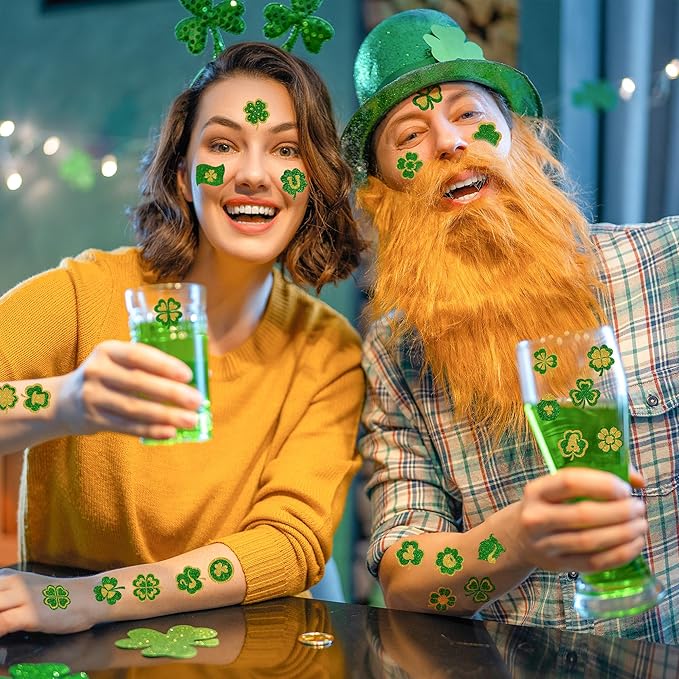Glitter St Patricks Day Tattoos, 25 Styles Saint Patricks Day Green Gold Shamrock Tattoos with Lucky Clover, Temporary Face Stickers for St Patricks Day Accessories Party Favors