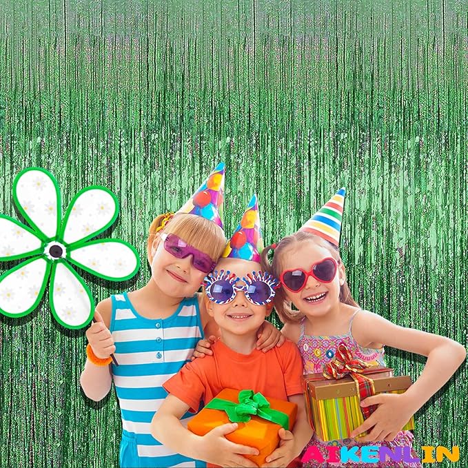 4 Pack 3.2Ft x 8.2Ft Light Green Foil Fringe Curtain Backdrop, Metallic Tinsel Foil Fringe Streamers Curtains for Photo Booth, Birthday, Wedding, Disco, Bachelorette, Christmas Party Decoration
