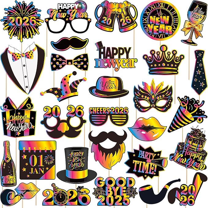 KatchOn, New Years Photo Booth Props 2026 - Pack of 30 | Neon New Years Eve Photo Booth Props for Happy New Years Decorations 2026 | New Years Eve Party Supplies 2026 | NYE Decorations 2026