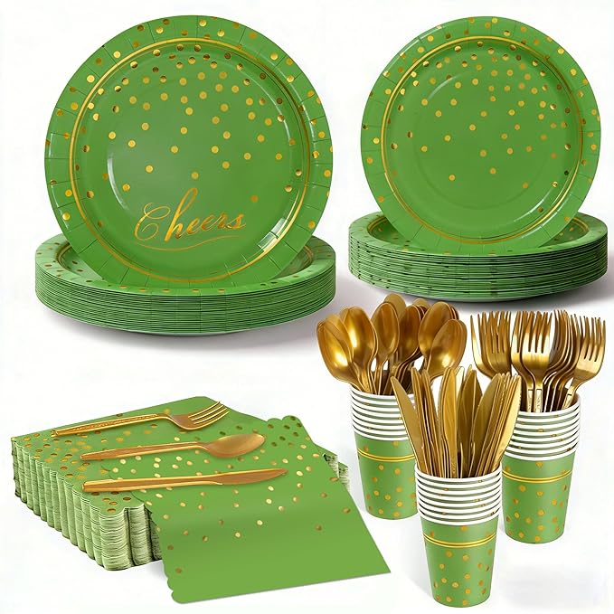 OuMuaMua Disposable Green Paper Plates Party Supplies for 24 Guests, 168 Pcs Green and Gold Party Plates, Cups and Napkins with Utensils Set for Birthday Graduation Party Decor