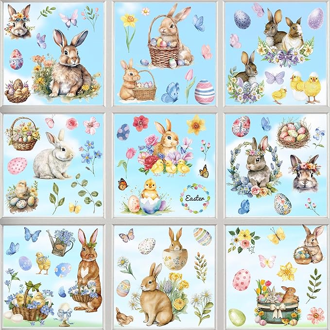 9 Sheets Easter Window Clings, 87 PCS Watercolor Easter Party Decorations with Bunny Egg Flower, Double Sided Egg Window Decals Stickers for Spring Decor Home Office Party Supplies