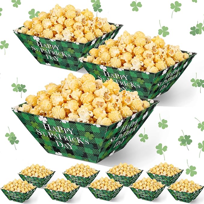 Marspark 12 Pcs St. Patricks Day Popcorn Boxes St. Patrick's Treat Snack Containers Green Shamrock Paper Snack Serving Trays Decorations Irish Disposable Platters for Cookie Holiday Party Supplies