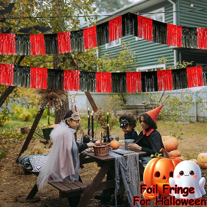 4 Packs Total 39 Feet Parade Floats for Trailer Car, Black Red Foil Fringe Garland Tinsel Streamers Banner Table Skirts for Graduation Homecoming Wedding Birthday Party Decor