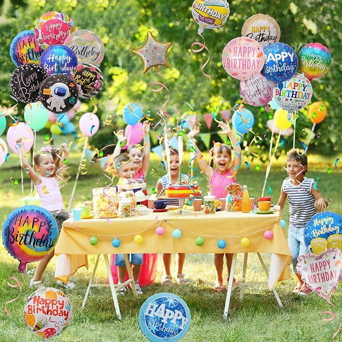 100Pcs Happy Birthday Balloon - Helium Foil Balloon for Birthday Party Decoration, with Ribbons, Suitable for Children, Adults, Anniversaries, Baby Showers(25 Style)