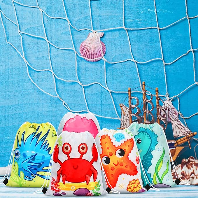 Marsui 24 Pcs Marine Animal Party Favor Drawstring Bags Gift Goodie Candy Favors Bags for Birthday Party Supplies