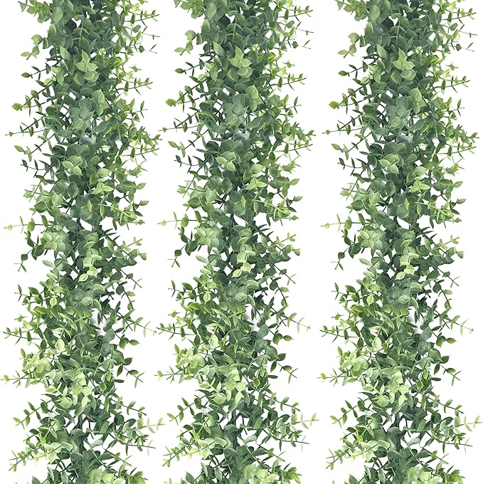 Leyaron 3 Pack Eucalyptus Garland Spring Artificial Greenery Garland 17.7 Ft Fake Vines Hanging Plants Faux Wedding Backdrop Arch Wall Greenery Decor for Home Wedding Party Mantle Table Decor