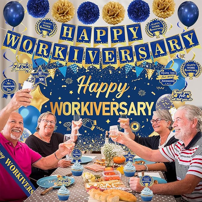 DARUNAXY Happy Workiversary Party Decorations for Men Women, Blue Gold Happy Work Anniversary Banner Cake Topper Hanging Swirl Confetti Balloons Decor Set for Employee Office Party Supplies(31PC)