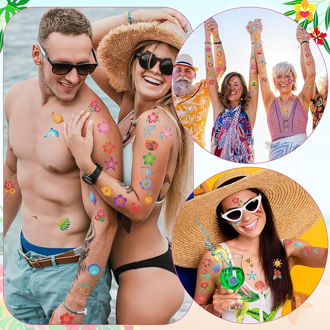 150 PCS Glitter Hawaiian Temporary Tattoos, 6 Pre-Cut Sheets of Hawaiian Party Decorations, Summer Accessories with Hibiscus Crab Designs, Palm Tree Decor for Women Men Flamingo Party Favors