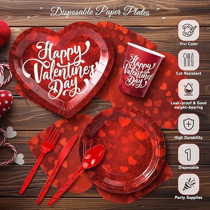 183PCS Happy Valentine's Day Party Supplies,Red Love Heart Disposable Paper Plate Napkin Cup Cutlery for 24 Guest,Banner Tablecloth Balloons for Galentines Anniversary Bridal Wedding Engagement Decor