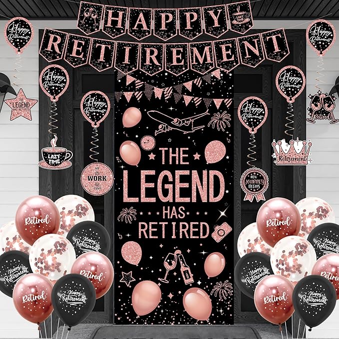 Roetyce Retirement Party Decorations Women, Blue and Pink Happy Retirement Banner Balloons Hanging Swirls Kit, Rose Gold Lengend Has Retired Backdrop for Coworker, Office Retired Party Supplies