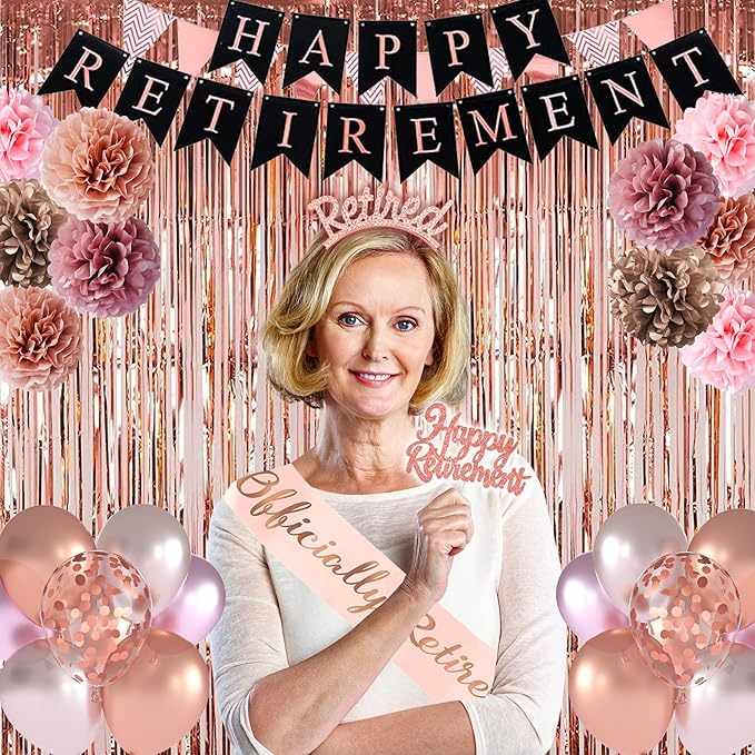 67 PCS Happy Retirement Party Decorations Rose Gold Women Banner Foil Balloons Cake Toppers Pompoms Retired Sash for Retirement Party (Rose Gold)