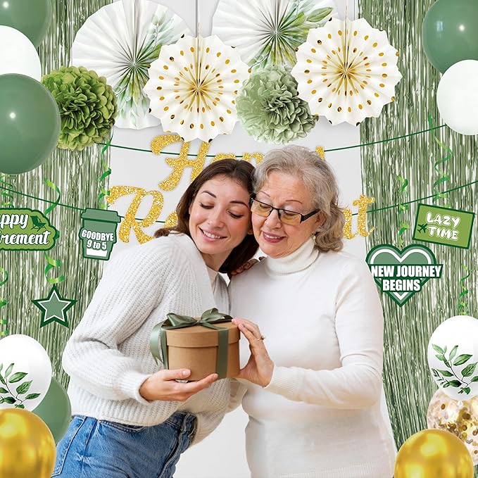 40PCS Retirement Party Decorations Sage Green Happy Retirement Banner Paper Fans Foil Curtains Hanging Swirls Tissue Pom Poms Balloons Decor