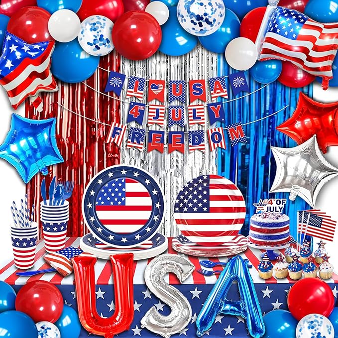 Party Spot! 272 pcs 4th of July Birthday Party decorations,16 Tableware Sets,“USA” Balloons, Paper Plates, Patriotic Party Decorations, Independence Day Party Decoration, Tablecloth, Flag