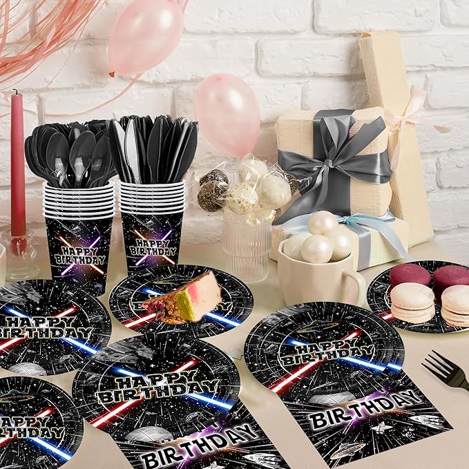 168pcs Galaxy Birthday Party Plate Napkin Disposable Tableware Set Paper Cup Black Forks Space Theme Decorations for Birthday Party Supplies Serve 24 Guests