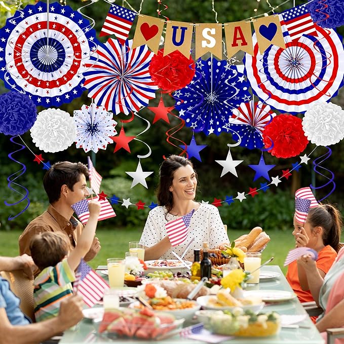 26 PCS 4th of July Decorations, 250th Memorial Day Red White Blue Paper Fans Decorations, 4th of July Banner Pompom Garland and Hanging Swirls Set for Fourth of July Independence Day Decor