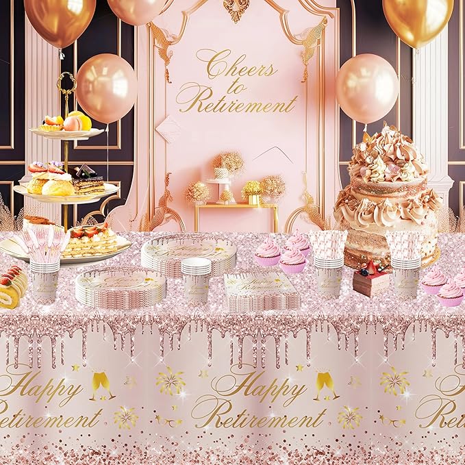 APOWBLS Retirement Decorations For Women, Rose Gold Happy Retirement Party Decorations Supplies Tableware, Paper Plate, Cup, Napkin, Tablecloth, Cutlery, Serve 24
