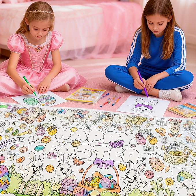 Kids Coloring Tablecloth, Easter Bunny Egg Chick Theme Paper Coloring Poster, 31 x 72 Inch Spring Holiday Coloring Activity Party Table Cover