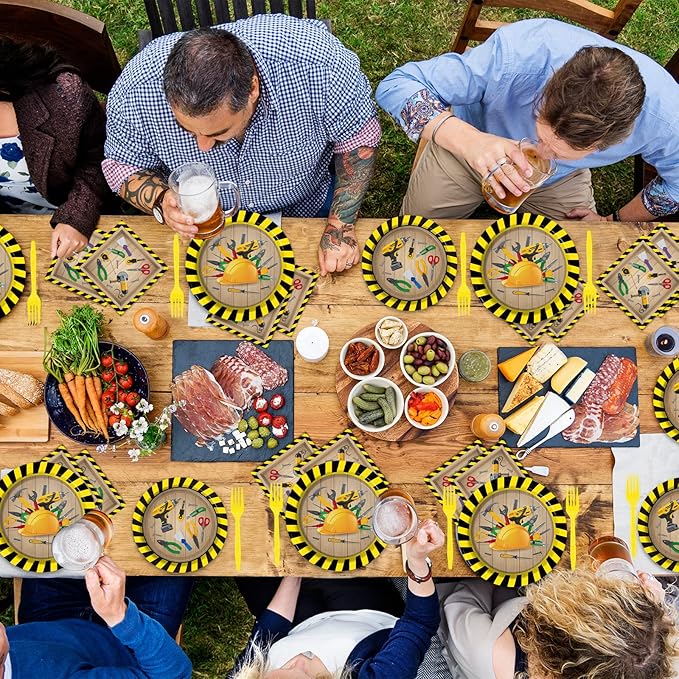 chiazllta 96 Pcs Handyman Tools Party Paper Plate and Napkins Construction Birthday Party Decorations Little Builder Handy Party Paper Plates Napkins Forks for Party Favors 24 Guests