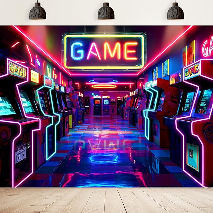 Imirell Arcade Game Neon Backdrop 8Wx6H Feet Retro Gaming Gamer Themed Colorful Video Game Room Playroom Cool Modern Polyester Fabric Boys Photography Backgrounds Photo Shoot Decor Props Decoration
