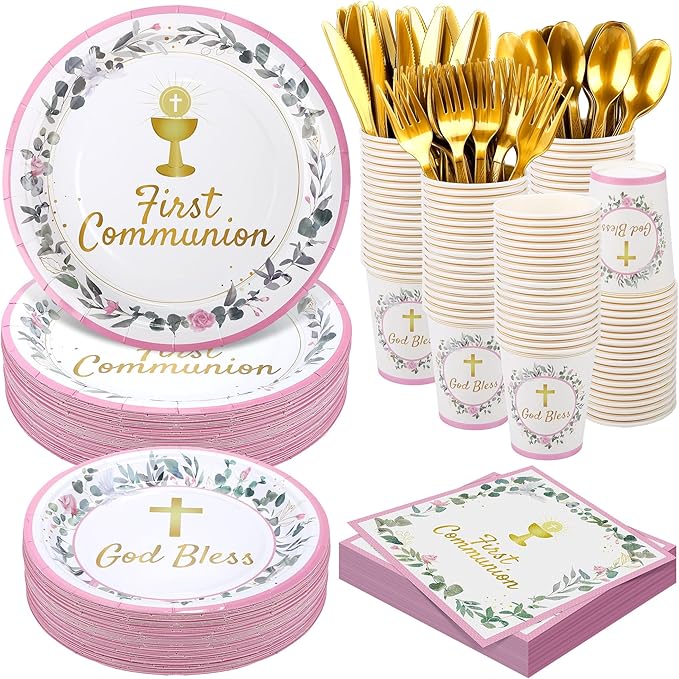 Kochorie 400 Pieces Pink First Communion Decorations, Disposable First Holy Communion Party Tableware Set with Plates Cups Napkins Cutlery Serves 50 for Baby Shower God Bless Baptism Party Supplies