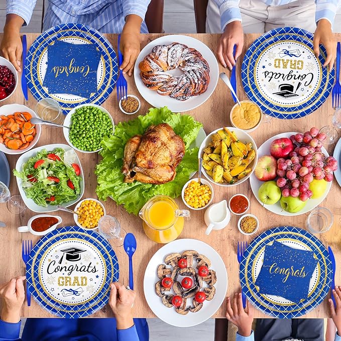 Whaline 175 Pcs Graduation Party Supplies, Paper Plates and Napkins Set, 25 Guests Blue Congrats Grad Disposable Tableware Include Plate Napkin Cup and Cutlery for Party Table Decor