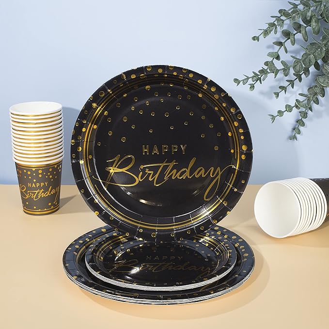 175PCS Happy Birthday Disposable Dinnerware Set Party Supplies, Paper Black Gold Plates and Napkins with Gold Plastic Forks Knives Spoons Serve 25 Guests for Birthday Party Decoration