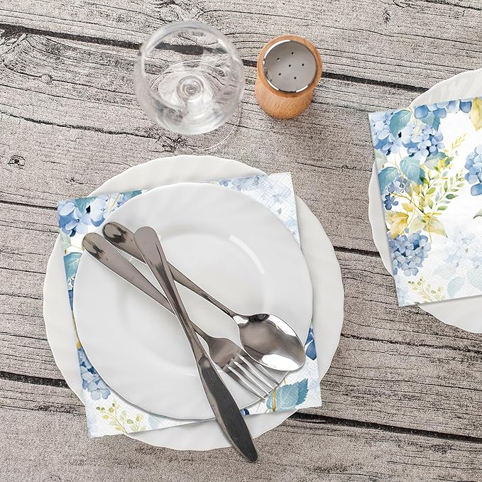 LeZakaa 25Pcs Hydrangea Guest Napkin, 3-Ply Floral Cocktail Beverage Bar Square Disposable Napkins Hand Towels for Wedding Engagement Bridal Shower Birthday, Tableware Party Supplies, 5 x 5 In
