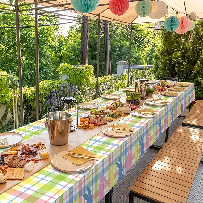 6Pcs Spring Easter Buffalo Plaid Checkered Tablecloth Decorations,Plastic Bunny Watercolor Pink Blue Yellow Green Pastel Disposable Table Cover for Spring Birthday Easter Party Supplies,54 x 108 Inch