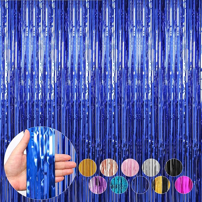4 Pack Blue Foil Fringe Curtains Streamers Party Decorations 3.3 x 8.2 ft, Blue Tinsel Curtain Fringe Backdrop for Parties, Door Fringe Birthday Streamers, Photo Booth Backdrops, Party Decor
