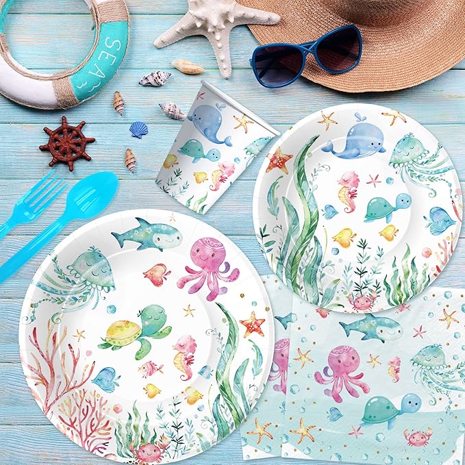 APOWBLS Under The Sea Party Decorations For Ocean Theme Birthday Baby Shower, Ocean Under The Sea Party Supplies, Plate, Cup, Napkin, Tablecloth, Cutlery, Underwater Sea Life Party Tableware, Serve 24