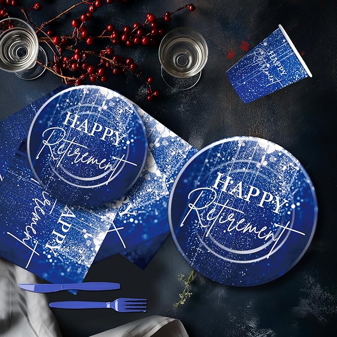 Blue Retirement Party Decorations Tableware For Women Men, Disposable Happy Retirement Party Supplies, Paper Plate, Cup, Napkin, Fork, Serve 24
