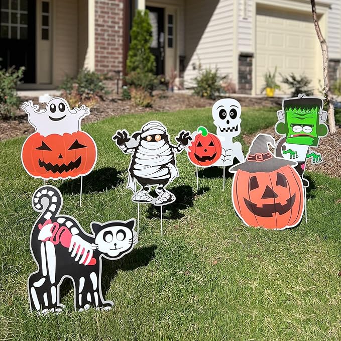 6PCS Yard Signs for Halloween Props Yard Stakes Pumpkin Ghost Monster Yard Sign Stakes for Halloween Decorations Outdoor Lawn Decor Yard Decorations