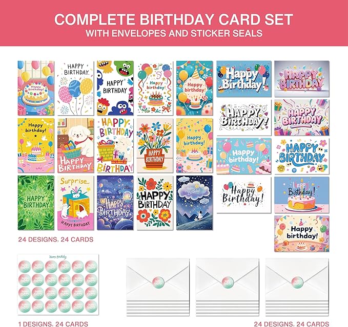 24 Pack Birthday Cards, Messages, Envelopes, and Stickers | 4x6 Inch Happy Birthday Cards Bulk for Family, Kids, Friends, Work, and Office Celebrations. (24 Pcs Cards With Cute Style)