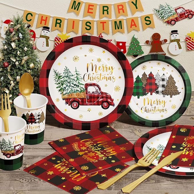 Christmas Party Decorations Supplies - 350 PCS Merry Christmas Birthday Buffalo Plaid Disposable Dinnerware Set(50 Guest) with Xmas Paper Plates Napkins Cups Plastic Fork Knive Spoon for Holiday Decor