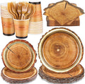 durony 144 Pieces Camping Wood Grain Slice Dinnerware Set Rustic Wood Party Supplies Paper Plates Napkins Serve 24 for Forest Themed Party Decorations Camping Birthday Supplies
