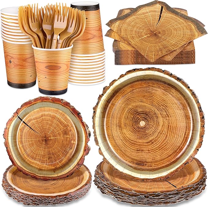 durony 144 Pieces Camping Wood Grain Slice Dinnerware Set Rustic Wood Party Supplies Paper Plates Napkins Serve 24 for Forest Themed Party Decorations Camping Birthday Supplies