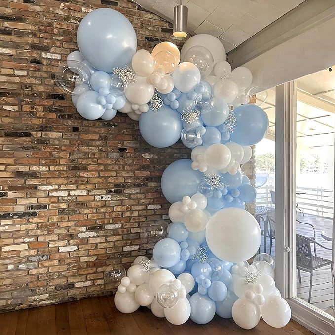 Pastel Blue and White Balloons, 12 Inch 35PCS Light Baby Blue Pearl White with Clear Latex Balloon for Boys Birthday Bachelorette Party Bridal Baby Shower Winter Holiday Party Decorations Supplies