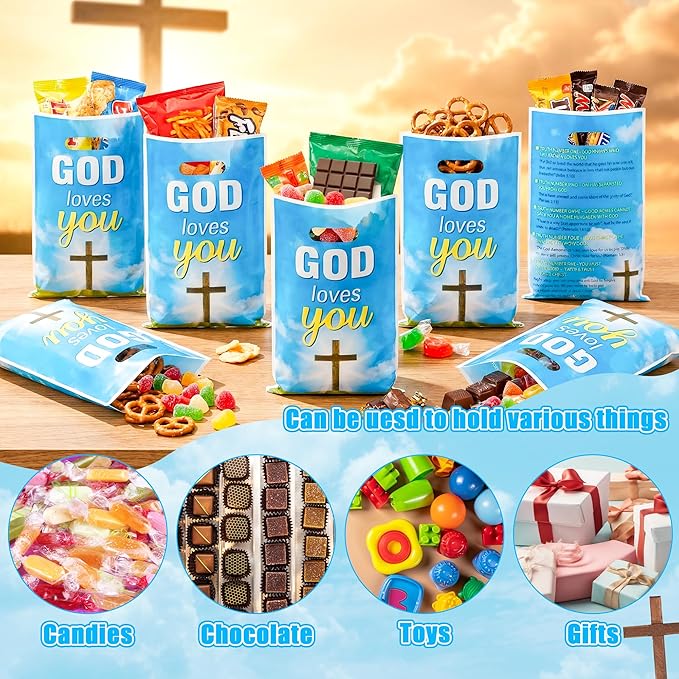 God Loves You Party Favor Bags - 50Pcs Christian Cross Bible Verse Goody Candy Treat Bags for Baptism Party Decorations for Christian Religious Church Sunday School First Communion Events