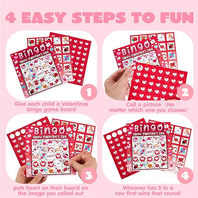 JOYIN 28 Players Valentine's Day Bingo Card for Kids and Adults, for Family/School Classroom Large Group, Party, Treats, Game
