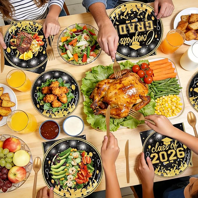 175PCS Graduation Plates and Napkins Set 2026 Graduation Party Supplies Tableware Set Include Paper Plate Napkin Cup Knife Fork Spoon for Black Gold Grad Party Decor Serve25 (Black and Gold)