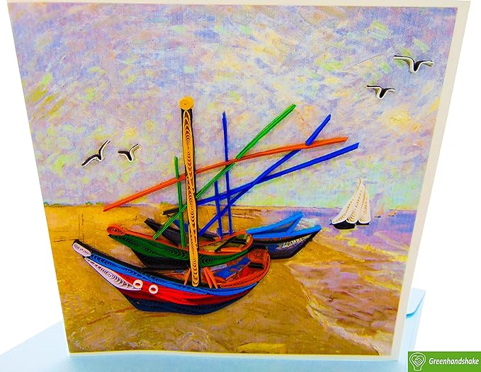 Van Gogh Fishing Boats on the Beach (1888), Quilling Art Greeting Card - Design Greeting Card for Birthday, Valentine's Day, Mothers Day, Spring, Fathers Day, Graduation, Wedding, Anniversary, Thank You, Get Well, All Occasion. Framable Artwork for Art...