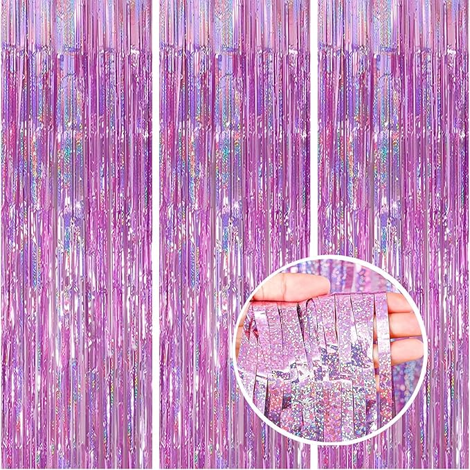3 Pack Foil Curtain Backdrop 3.3x6.6 ft Tinsel Fringe Curtains for Parties Metallic Streamers Photo Booth Props,Wedding & Birthday,Holiday Decorations Disco,Bachelorette,Door Hanging Decor (Pink)