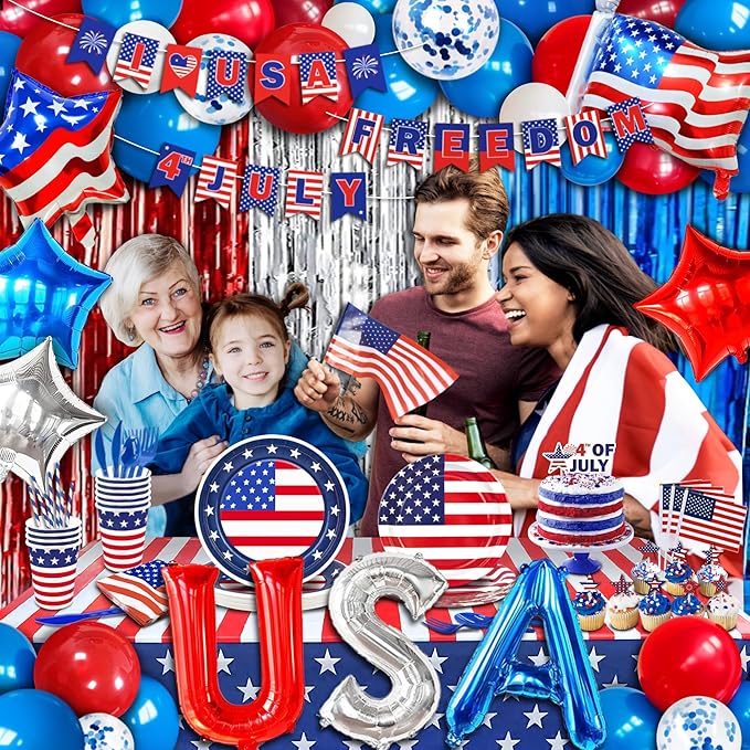 Party Spot! 272 pcs 4th of July Birthday Party decorations,16 Tableware Sets,“USA” Balloons, Paper Plates, Patriotic Party Decorations, Independence Day Party Decoration, Tablecloth, Flag